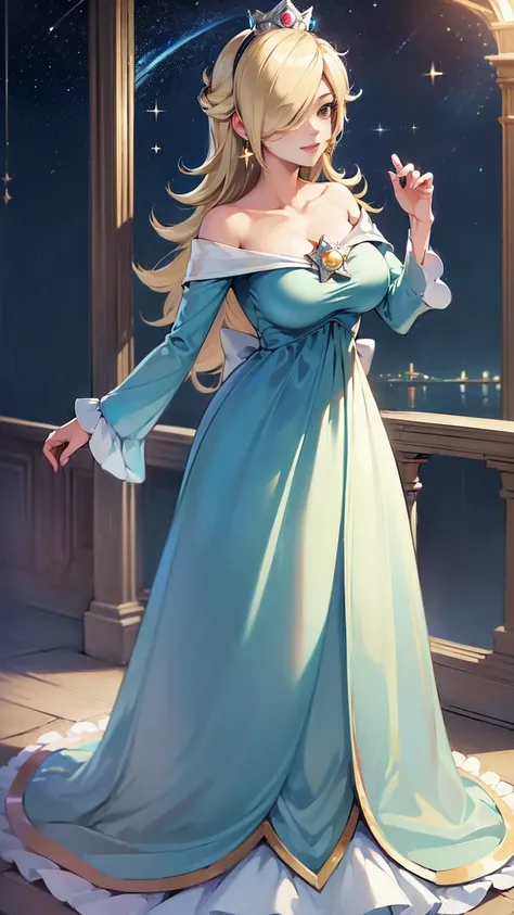 ((((masterpiece, best quality ,Ultra delicate, 16k,high resolution,solo)))),princesa rosalina, blue dress, big breasts, adult body, starry sky, semblante angelical
,smile