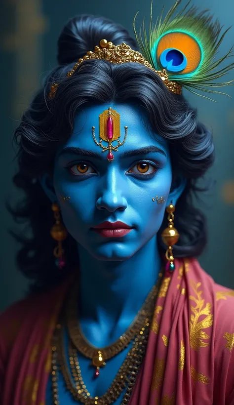 Lord Krishna in blue skin,very detailed, ,  hyperdetailed , hyper-realistic,  masterpiece:1.2, high resolution,  full coat, realistic,hdr, HD, professional, vivid colors, bokeh, oil painting, dark fantasy, vibrant color palette, dramatic lighting,he have p...