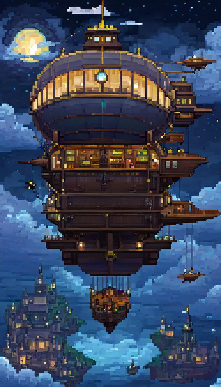 pixel art, ((1 a airship fantasy)), night, clouds, stars, (sky), top down view