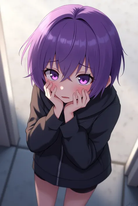  Short purple hair , purple eyes,  embarrassed, forehead, throw,  clothes black jacket ,  panties black young girl 