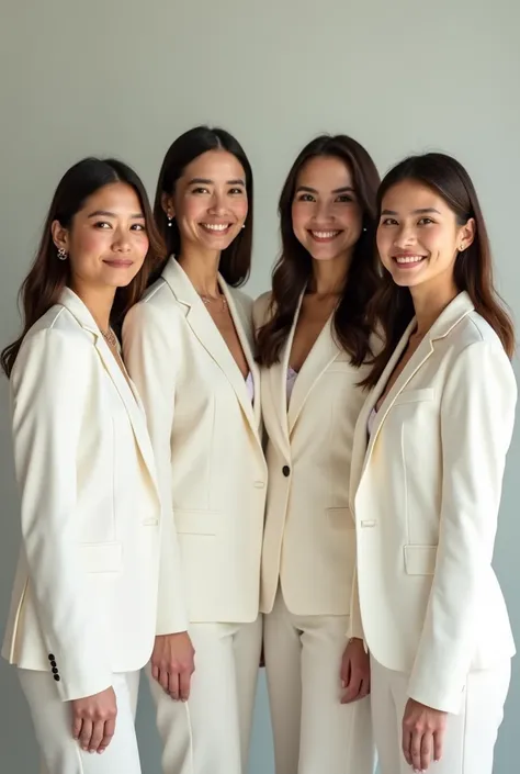 Photoshoot of mother and father with four woman half body, all wearing white blazer



