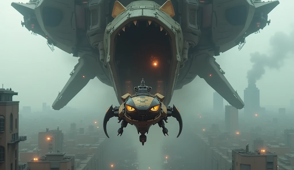  Please generate a scene where a 、 small cat-type combat boat is being launched from the mouth of a giant cat-type spacecraft with a seed value of 1544025800。眼下の都市からは、 smoke is rising foggy along with 、 orange flashes from the city below 。