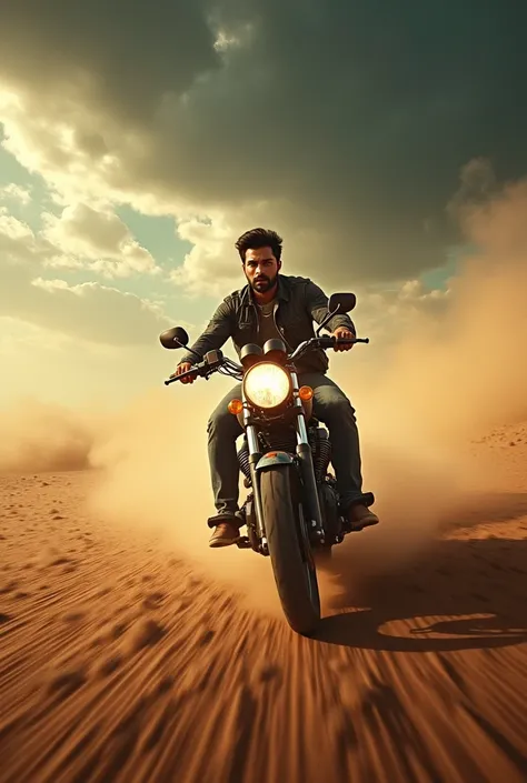  A man on a motorcycle rides through a desert landscape, under a dramatic sky. The scene Building Road  dhaka city Bangladesh Shakib khan action Poster  