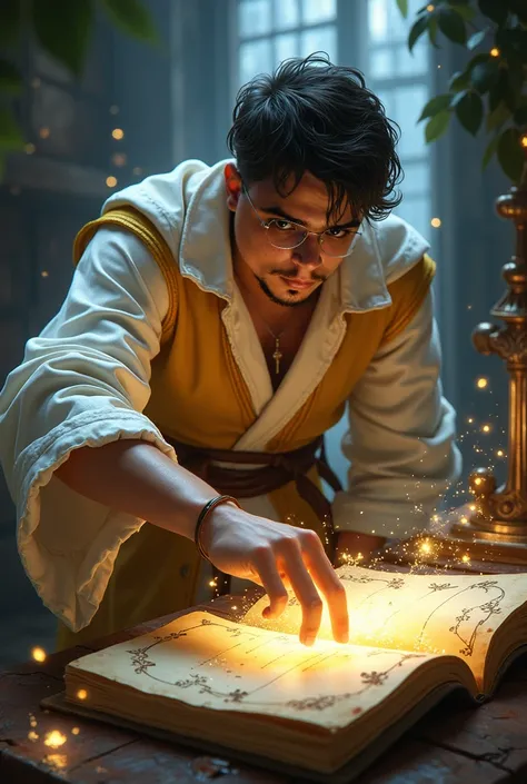  A 29-year-old male wizard without a beard,  wearing an outfit with predominant white and gold details, Sneaking into a notebook .