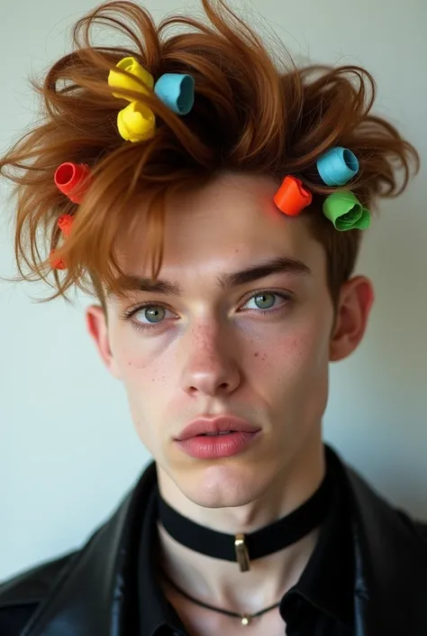 Create a man with curlers and new wave hairstyle, brown color