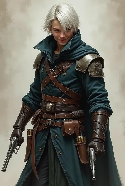 a rogue, Assassin, wearing dark leather robes and light metallic armor, leaving close to the body .  A frayed dark leather boot . Her hair is white , despite being very young , He smiles maliciously and gesticulates with weapons in his hands. Your body is ...