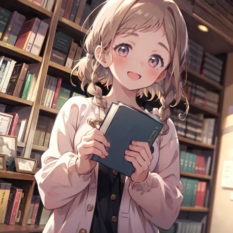       High Definition  ,  1 girl , Alone,      brown hair,      open your mouth slightly to see your front teeth,      surprised face looking at the book    ,Quiet Girl  ,young,   smiling face  , 開いた smiling face ,  holding a book     , the background of a...