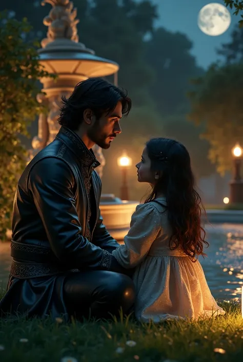 Ultra-detailed, Ultra-realistic, two people, an older brother Kai and little sister, at the night time in the royal garden, by the water fountain. 

A cinematic, ultra-realistic image set in a lush garden at night, illuminated by the soft glow of lanterns ...