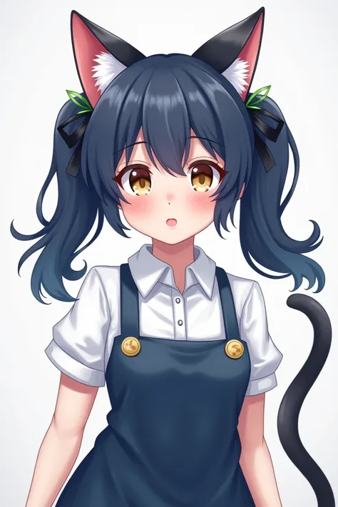 dark blue hair,long two pigtail,white shirt,blue dress with no sleeves, light brown eyes,cat ears,cat tail