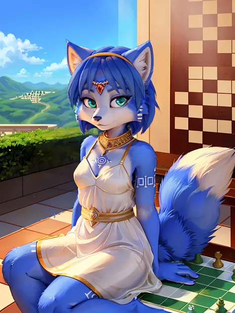 a picture of ((krystal)), Star Fox-Krystal, lovable, green eyes, ((( long blue hair 1 .3))), Decollete, anthro, Fuzzy,  detailed Fluffys fell,  detailed face , (Fluffy), Alone, girl ,  white dress , Background in nature , ( sitting on a gigantic chessboard...