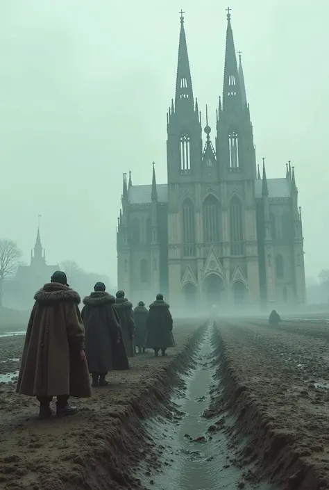 a plain covered with mud and in the middle some ren dressed in fur coats next to the cathedral of Lyon. Above the cathedral ,  clouds of brown mud