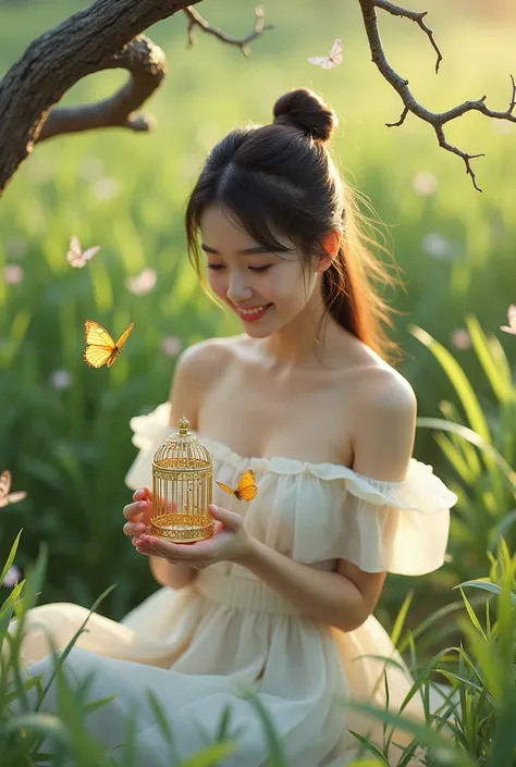 Korean girl in white dress. She is wearing white dress, bare shoulder. She is sitting leaning on the grass that is climbing up the grass is wide-leafed, a dead wood hangs sideways above the beautiful woman, a very charming smile seems to focus on the tiny ...