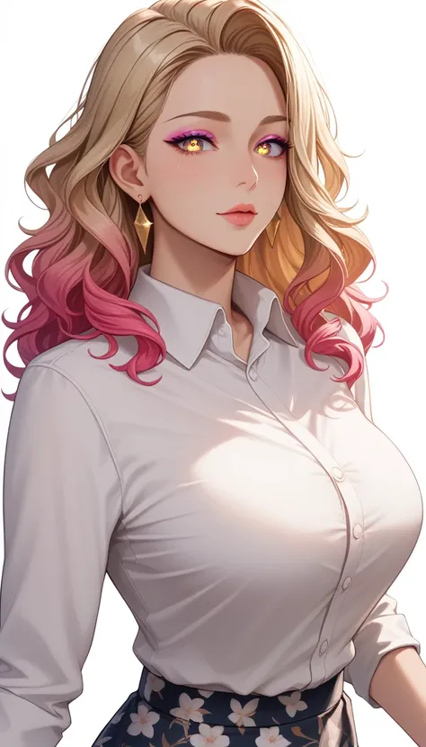 (best quality:1.5, highres, UHD, 4K, detailed lighting, shaders), black floral haired, gradient hair, large breasts, white suit, gray shirt, white social shirt, ehite short skirt, mature woman , (pov), white background, colorful eyeshadow, dramatic lightin...