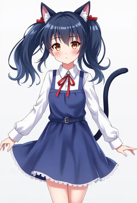 dark blue hair,long two pigtail,white shirt,blue dress with no sleeves,brown eyes,cat ears,cat tail,anime drawing