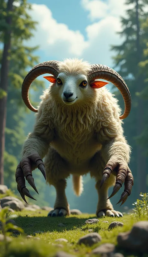 Design a hybrid creature that combines the features of a sheep and a sloth into a single, unsettling yet majestic entity. The creature should have the sturdy body and woolly coat of a sheep, but with elongated limbs ending in sharp, sloth-like claws. Its f...