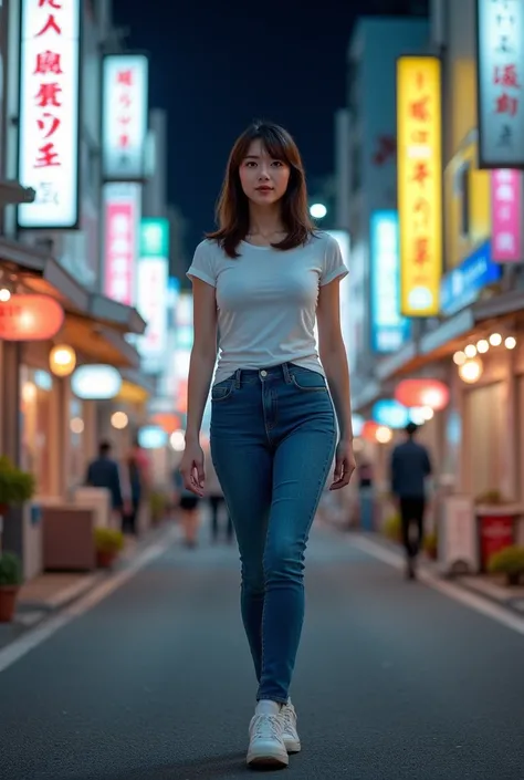 A realistic photograph of a woman with medium-length hair, standing 170 cm tall, with a petite frame and very large breasts, wearing a tight white T-shirt, blue jeans, and sneakers. She is walking on a bustling street in Osaka, Japan, at night. The scene i...