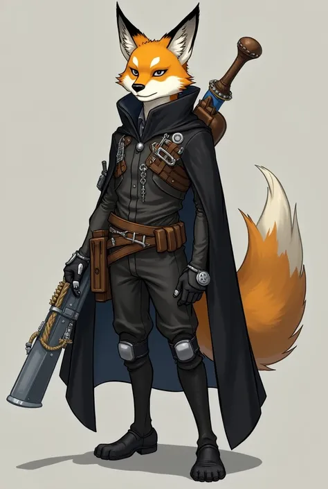 A furro fox character that has a black cape ,  Let it be tall ,  that is equipped with weapons and that is of a humanoid design that is not so animated in design