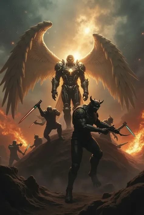 Science - Space fiction. Battlefield between angels and demons in power armor 