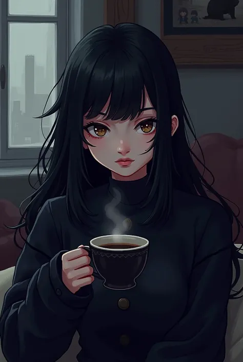 A sexy goth girl with long black hair with fringes and brown eyes drinking coffee at her house pixel art style 