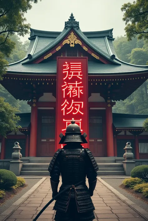 A japanesse warrior looking at a big traditiona lJapanese temple that has in the middle vertically a modern led sign with “Carlos” in japanesse