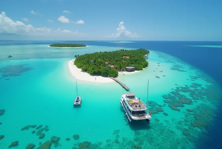 A bustling coral atoll surrounded by crystal-clear turquoise waters. Tiny islands dot the horizon, their lush greenery contrasting with the endless expanse of ocean. Small boats drift nearby, their shadows visible on the shallow, sandy bottom