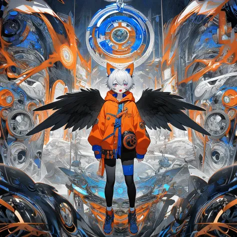 boy , teenager , white hair , orange hood , blue right eye , red left eye , blue headphone ,tongue out , halo , full body , isekai background , black wings , cat ears