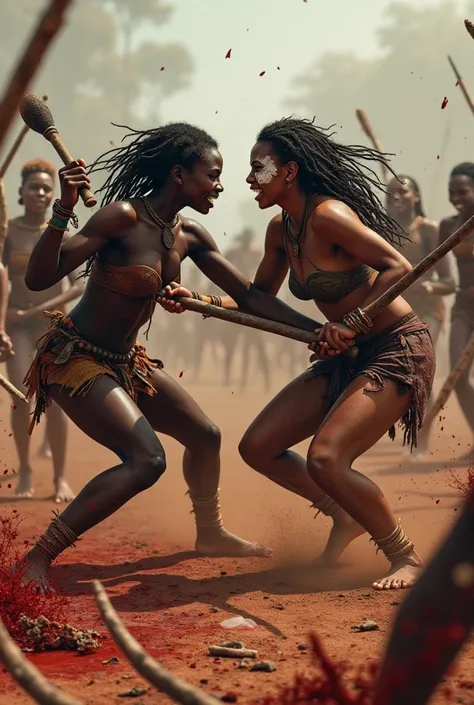 A tribe of white girls and a tribe of African girls in a bloody battle