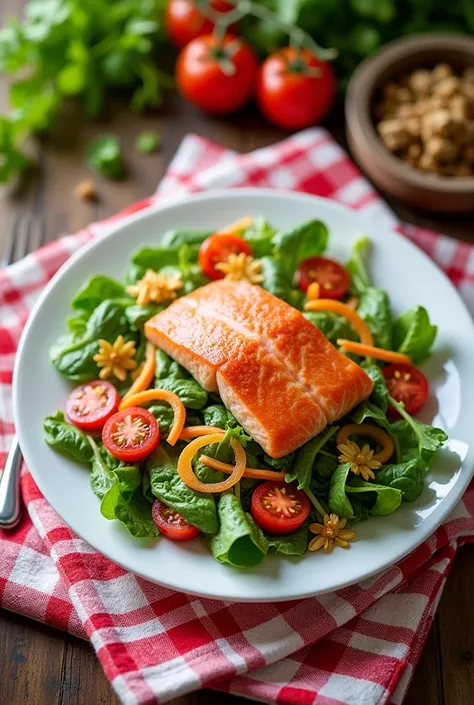 An upward shot of a white plate of vegetables Salad with salmon on a red and white cube pattern kitchen towel laid on a kitchen table 