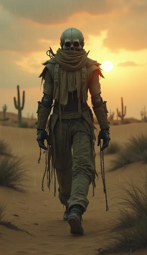 cute sad robot in old torn clothes with chains,  with letters on his face and body ,  rain and fog , in the desert , sunset, the head in the form of a skull ,  turns around leaving 