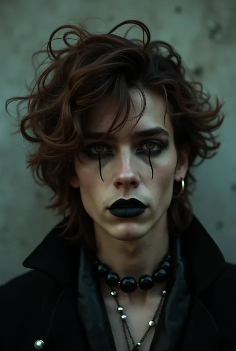 Create a man with new wave  , curls ,  brown hair and black lips and eyes