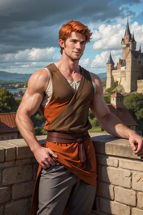 Photo-realistic. A pleased, tall, handsome, fit, 24-year-old Caucasian medieval prince, with short, fade-cut, burnt orange hair, and blue eyes, wearing a red and tan sleeveless tunic, with gray trousers, standing on a castle wall, looking out to the distan...