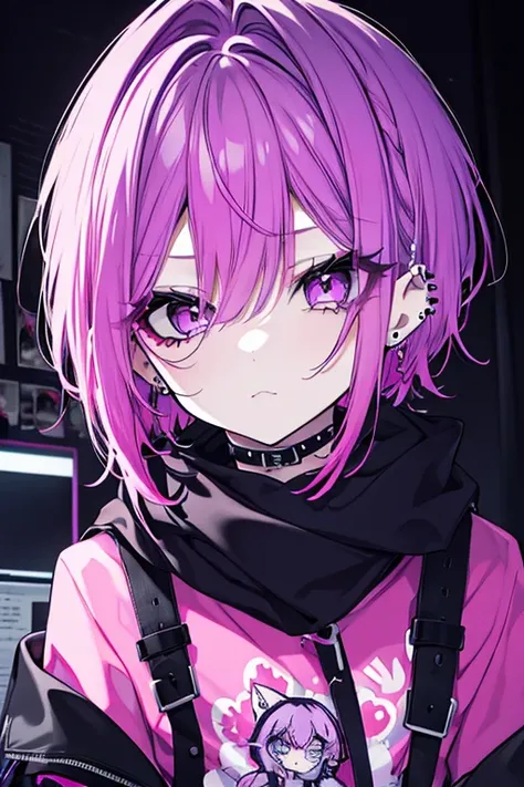 A beautiful girl with pink and purple hair, angry expression, glaring, long eyelashes, wolf cut hairstyle, punk fashion, multiple piercings, lip piercing, cool