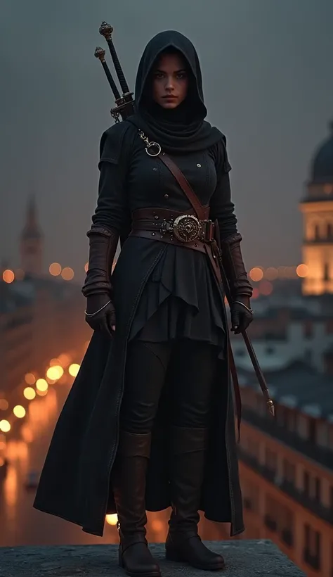 Front View ,  full body,  Standing Pose ,on building , in Paris ,  night , crescent lighting, Game character is  Assassins Creed,  hold crescent Persian Sword, Ancient Persian Black Girl ,   20-age  Persian Black Woman , (black hair ,short Hair,  Brown Eye...