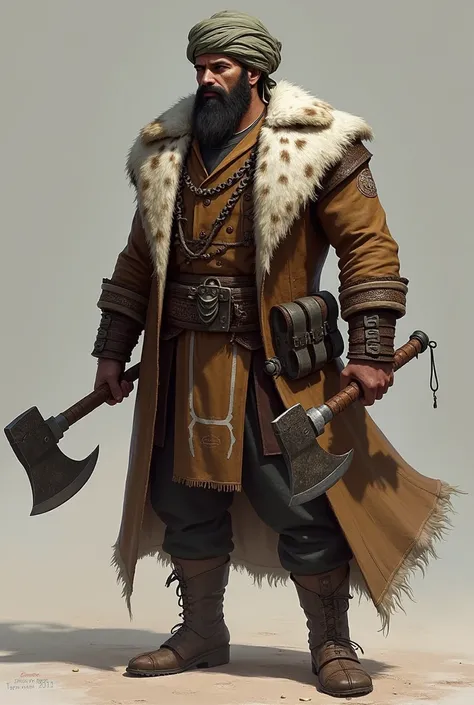 A warrior wearing jacket with Markhor skin and warrior is tall mascular and have Muslim style turban on head while holding a axe in right hand and a dagger in other hand

