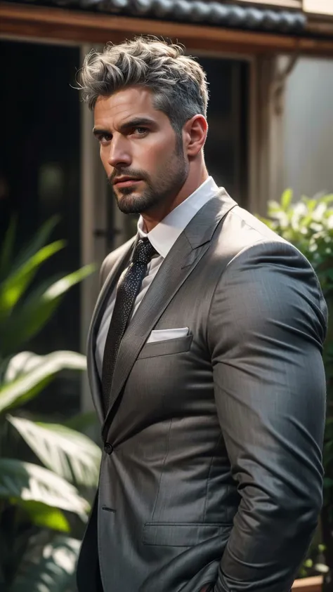 Best quality, masterpiece, ultra high res,detailed background,solo,male,mature,bara,muscular,mature male, open silver formal suit,office, salaryman,, plants, looking at viewer, from below,depth of field,, mature male, arm hair, ! Skinny and tall！（Chest hai...