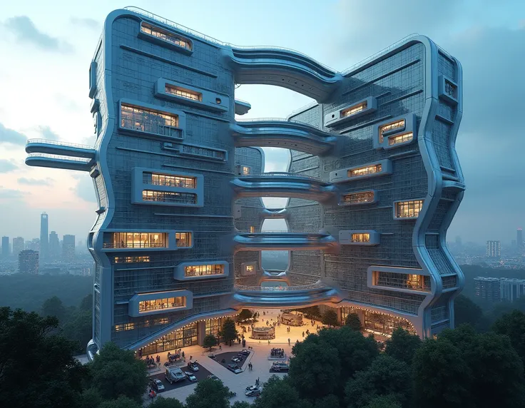 Design a futuristic hospital in a big city, with an asymmetrical structure built with high-tech materials such as glass and steel. It includes aerial walkways that connect the different modules of the building. Use LED lighting to highlight the contours of...