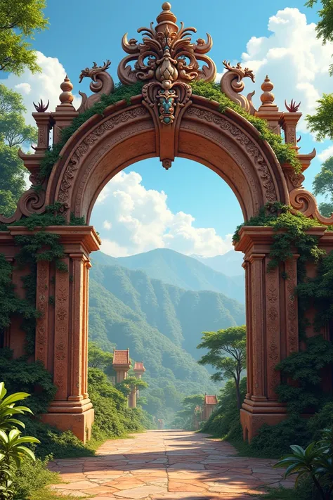 A rendering of a large structural arch that says Tlayacapan, a magical town with slippers and pottery 