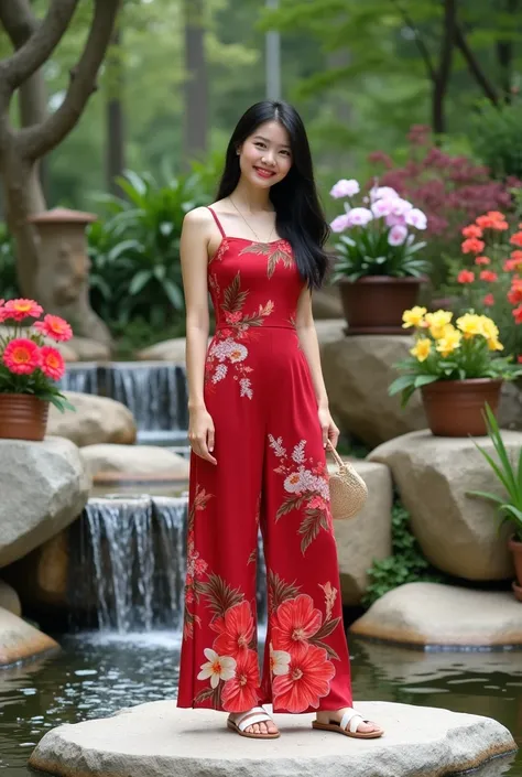 A beautiful tall Asian  woman smiling,wearing red floral gradient sleeveless pants jumpsuits,white sandals,long straight black hair,standing on a white rock ,,with table with vase and coffee w/ 3 layers of small waterfalls with beautiful red dahlia,yellow,...