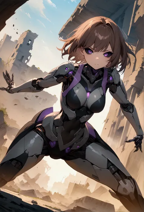 masterpiece , better quality , Dynamic pose , dynamic angle , Ruins, Dynamic background, multicolor background, 1 girl, standing, purple eyes, cyborg, brown hair, black sclera,