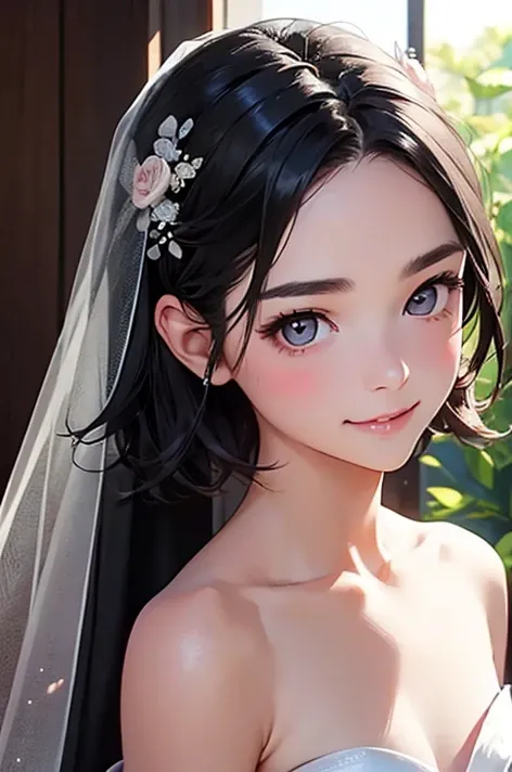   best quality 、Realistic、 girl、Baby kitsune，zoom、cute、  Grey Eyes 、 black hair、The forehead is protruding、 short hair、 Wedding Dress、 looking down、smile、Bust、thin、 small breasts