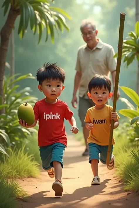  Real picture of a gemoy asian boy wearing a written shirt " IPINK  " running around holding a fresh green mango fruit on the pick . And a boy like that with her shirt written " Iwan  "  ran following by holding a long bamboo . Behind them is an old man we...