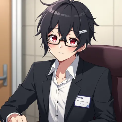 1 anime boy, sensei (blue archive), blue archive, sitting ,Short black hair, red eyes, with an 8-pointed star in the middle of the eye.Attach two silver hair clips. wearing black glasses,White office shirt, black suit, name tag hanging,masterpiece,very aes...