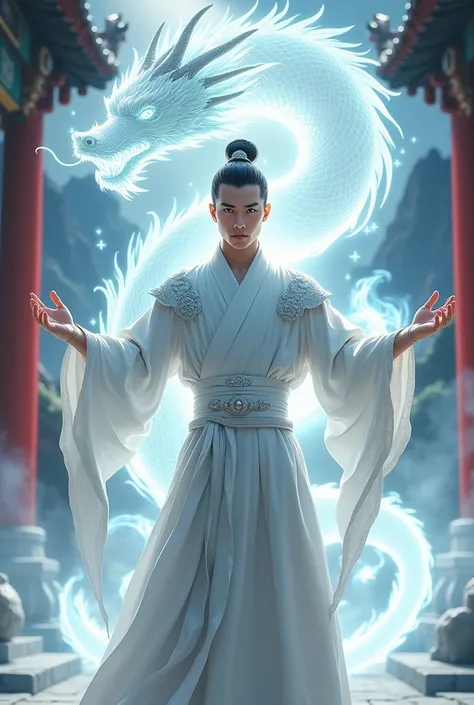 An image of a young Taoist ,  A sharp high-definition photo shows a Chinese male devotee, a very sharp, handsome, 18-year-old teen, a tough athlete., There is sight , with an ancient Chinese imperial hair embroidered with a pin , Nipple Man, Men with short...