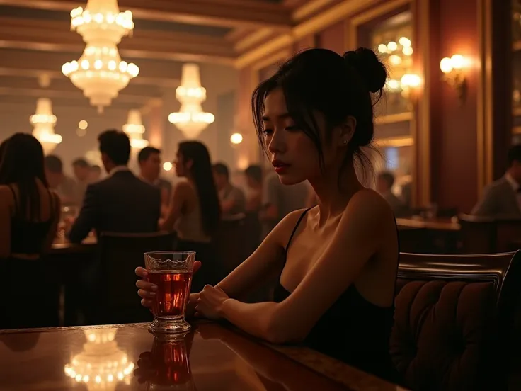 A photorealistic, ilocolor wide-angle depiction of an Asian woman sitting alone in a luxurious Western-style bar at night, holding a glass of liquor. Her face exudes deep loneliness and melancholy, illuminated by dramatic Chiaroscuro lighting with soft lig...