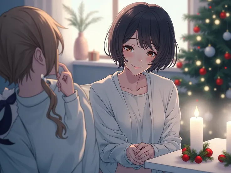 Christmas Night、In a warm room, 、 There are decorations all around {x} 2 people A scene where they are quietly staring at the flame of a candle placed on a table。 The candles are decorated with red and green Christmas decorations 、 and a modest Christmas t...