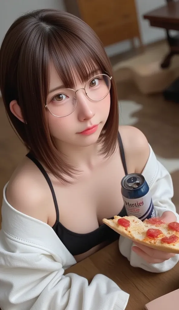 of、 eating pizza with a can of beer in one hand in the room、sitting on floor、 camisole 、sweatpants、glasses、shot from under the t...