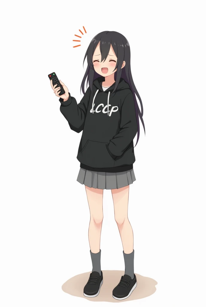 Teenage woman with black hair standing in the front and her legs and wearing black shoes and gray socks and black poleron with a hood and with LCCP letters on the chest with a gray skirt anime image with a remote control black television white background a...