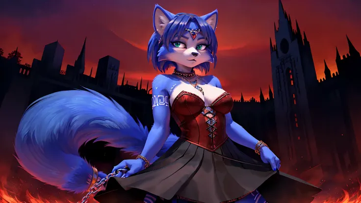 a picture of ((krystal)), Star Fox-Krystal, lovable, green eyes, ((( long blue hair 1 .3))), Decollete, anthro, Fuzzy,  detailed Fluffys fell,  detailed face , (Fluffy), Alone,    dark clothes 、dark good、dark skirt、 Best bust、Ravine、Luck、A slender、provocat...