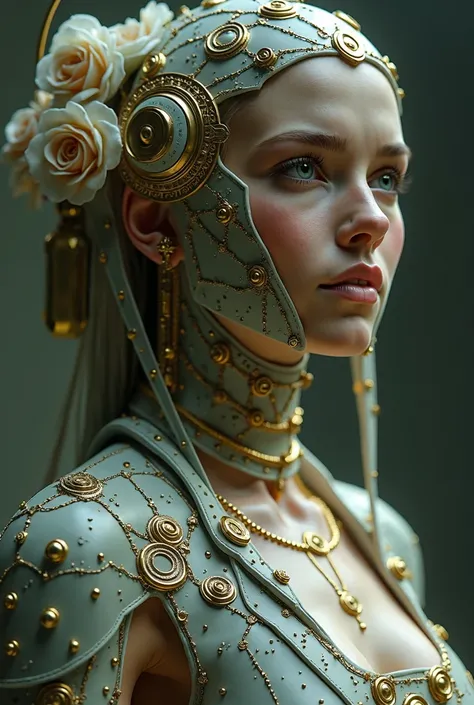 The goddess of wisdom and intelligence, highly technologically advanced, head to breast. High Resolution, Masterpiece, Award Winning, Best Quality, High Details, High Quality, UHD, Optical Illusion, Impressionism, Art Deco, Cinematic, Cinematography, Futur...