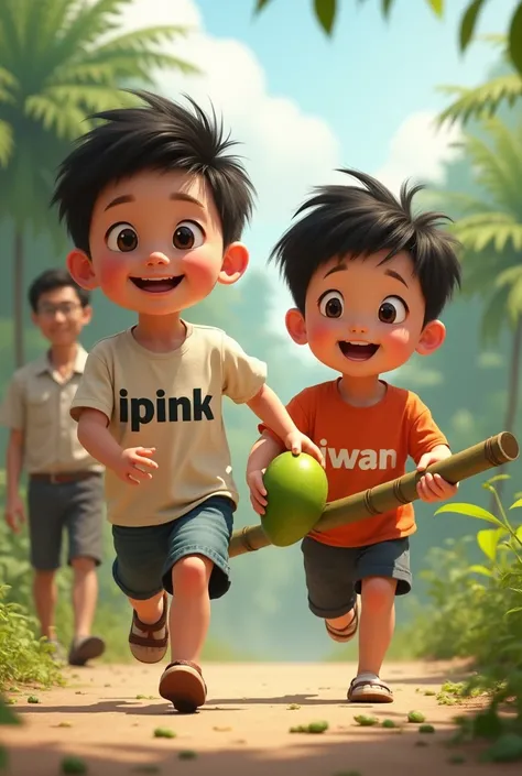  Real picture of a gemoy asian boy wearing a written shirt " IPINK  " running around holding a fresh green mango fruit on the pick . And a boy like that with her shirt written " Iwan  "  ran following by holding a long bamboo . Behind them is a half-year-o...